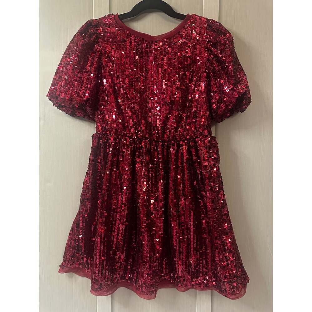 Cat & Jack Girls Red Sequin Puff Sleeve Party Dress Size S 6/7 Holiday Dance